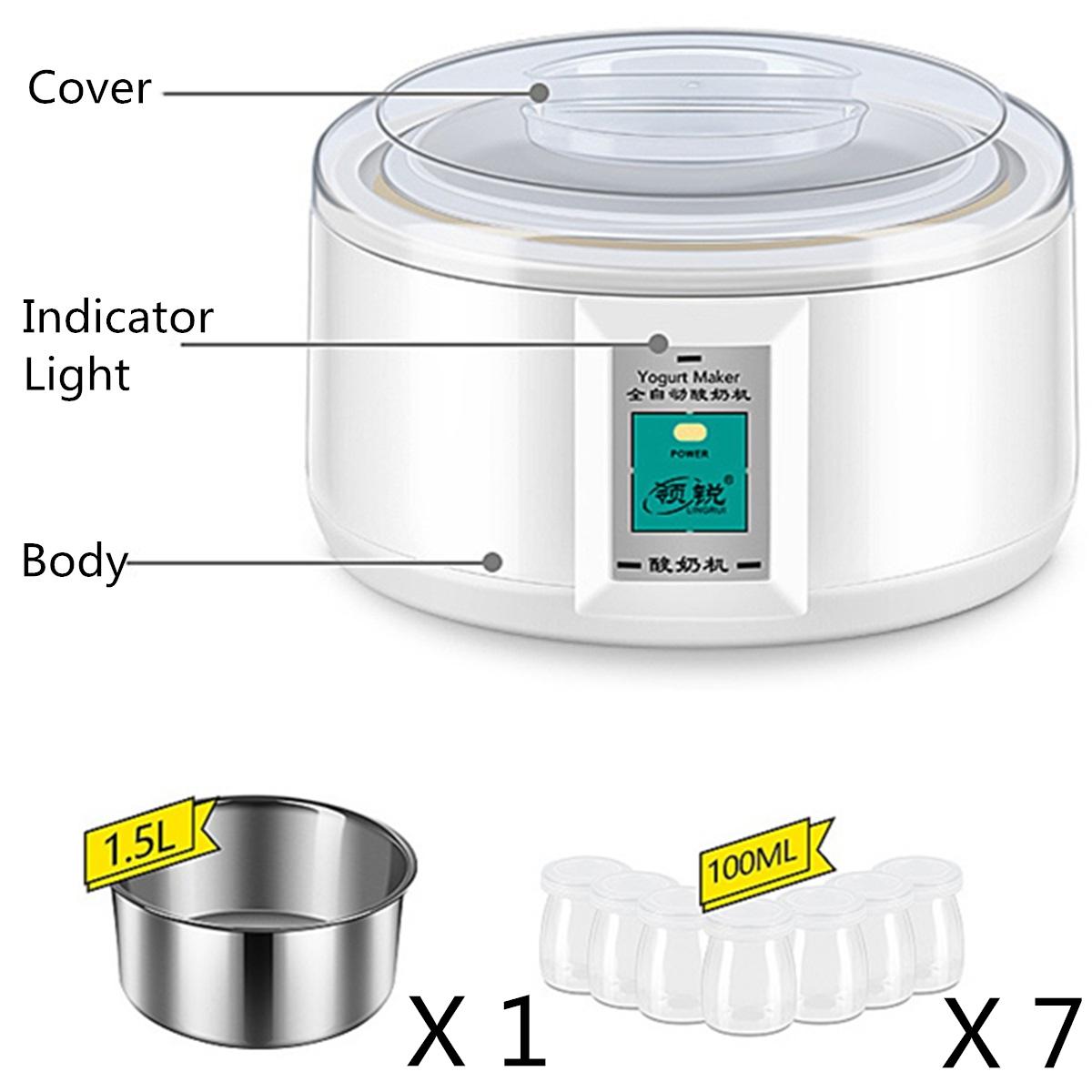 1.5L Automatic Yogurt Maker with 7 Jars DIY Tool Electric Yogurt Maker Yogurt 15W Kitchen Appliances Liner Stainless Steel