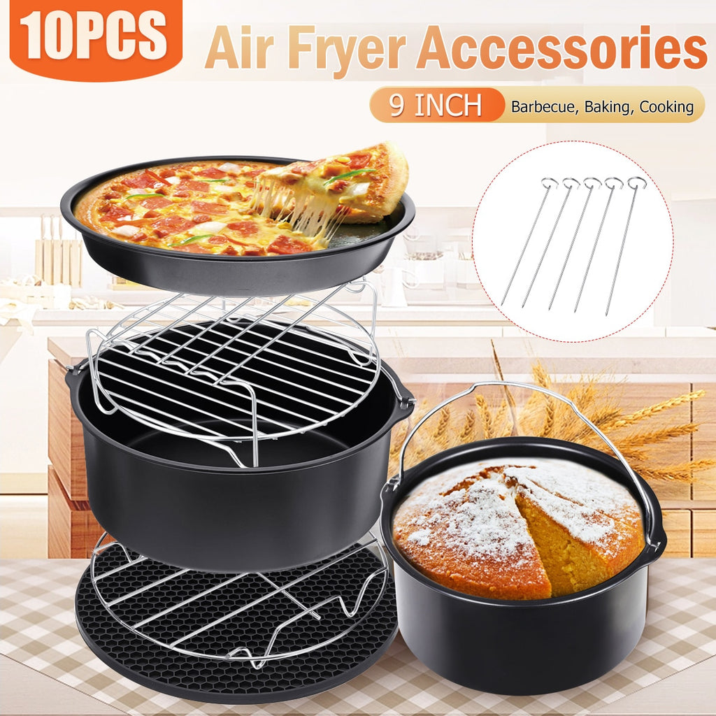 10PCS Air Fryer Accessories 9 Inch Fit for Airfryer 5.2-6.8QT Baking Basket Pizza Plate Grill Pot Kitchen Cooking Tool for Party