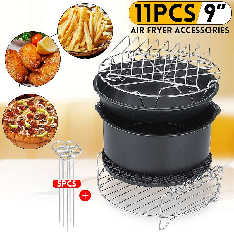 11pcs Air Fryer Accessories 9 Inch Fit for Airfryer 5.2-6.8QT Baking Basket Pizza Plate Grill Pot Kitchen Cooking Tool for Party