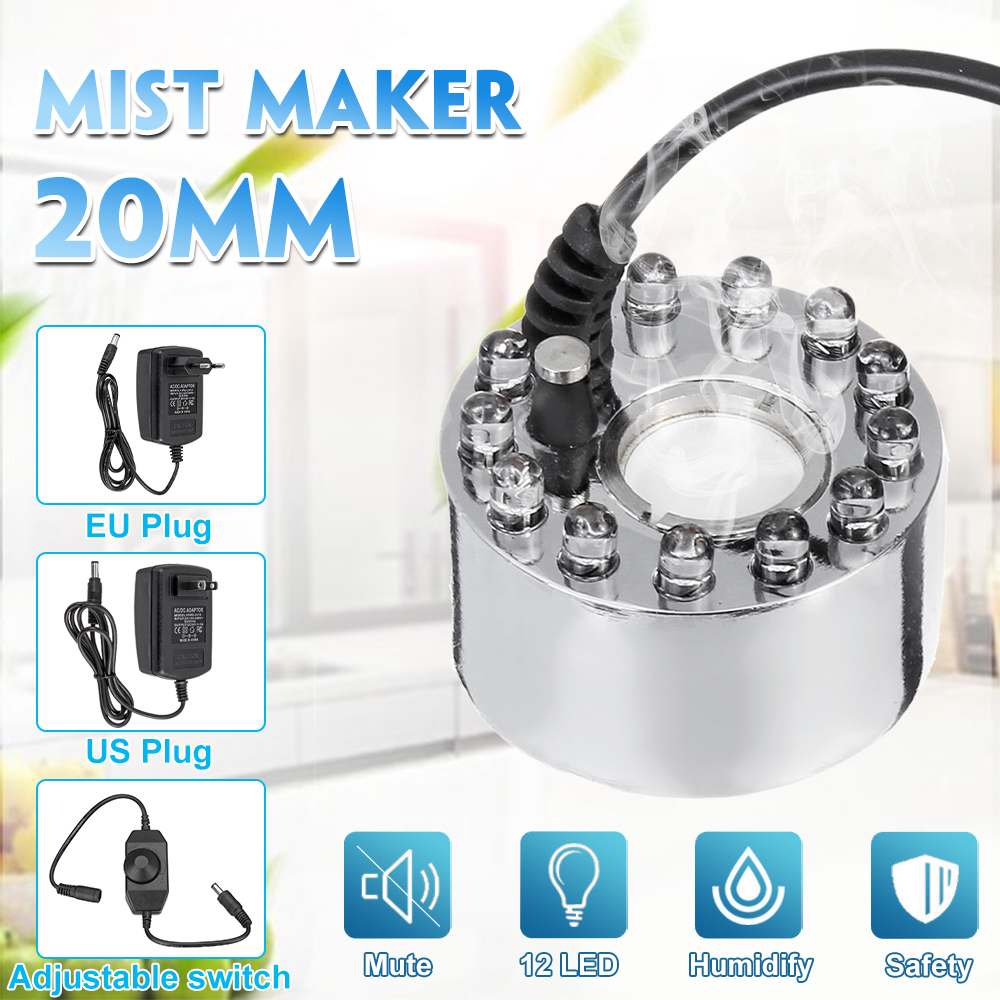 12 Led Light Ultrasonic Humidifier Mist Maker Fogger Water Fountain Pond Atomizer Head Air Humidifier With US/EU Plug/ No plug