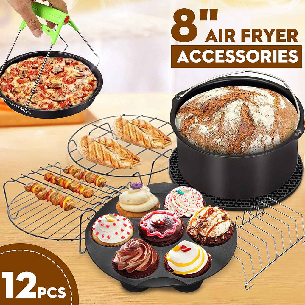 12pcs 8 Inch Set Air Fryer Accessories Fit for Air Fryer 5.2-5.8QT Baking Basket Pizza Plate Grill Pot Kitchen Cooking Tools