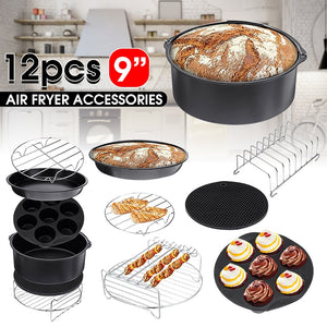 12pcs AirFryer Accessories 9 Inch Fit for Airfryer 5.2-6.8QT Baking Basket Pizza Plate Grill Pot Kitchen Cooking Tool for Party