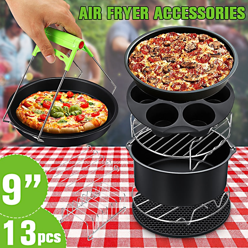 13Pcs Air Fryer Accessories 9 Inch Fit for Airfryer 5.2-6.8QT Baking Basket Pizza Plate Grill Pot Kitchen Cooking Tool for Party