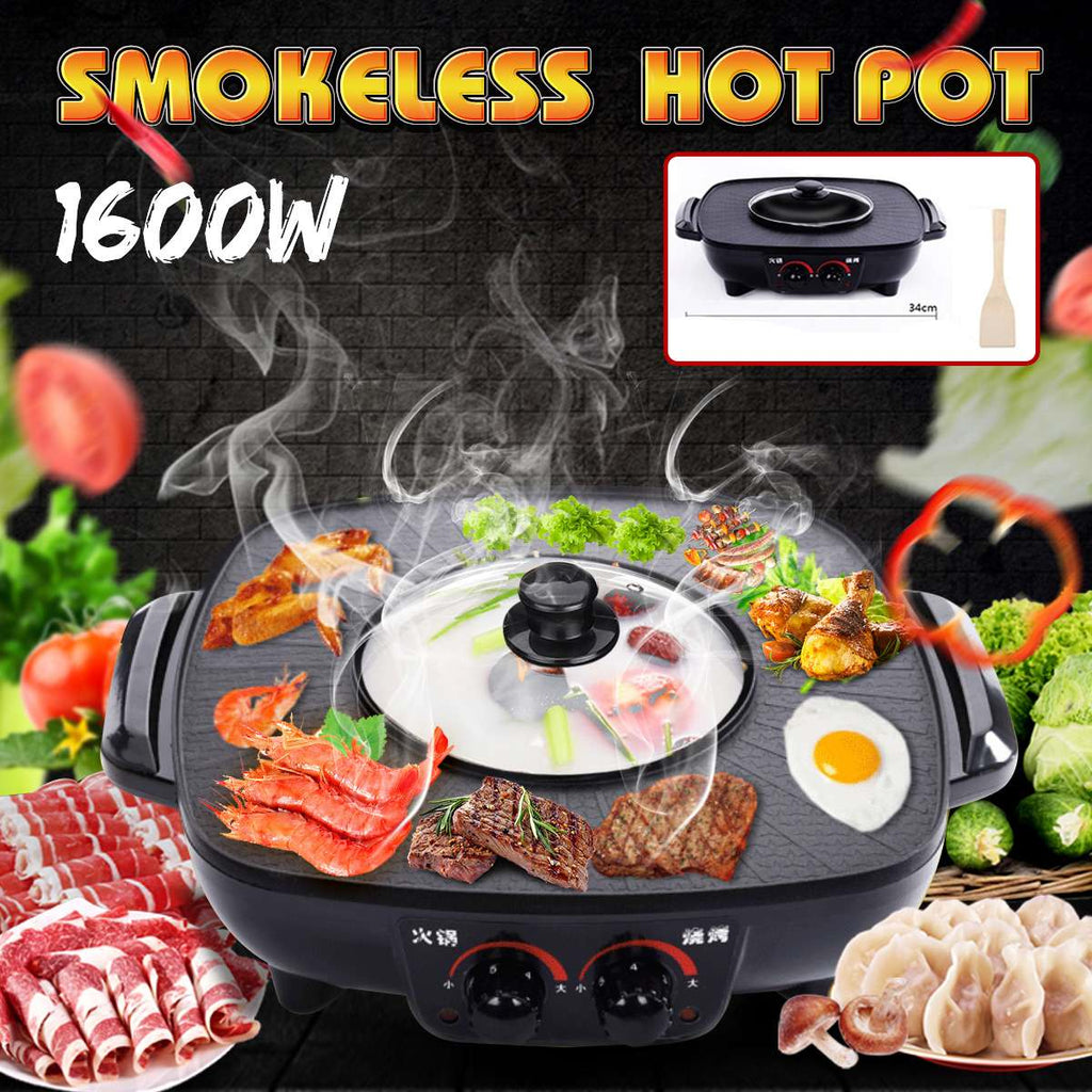 1600W 220V Electric Hot Pot Barbecue Grill Pan 2 in 1 Cookware Indoor Electric BBQ Machine Multi Cooker Non-Stick Baking Plate