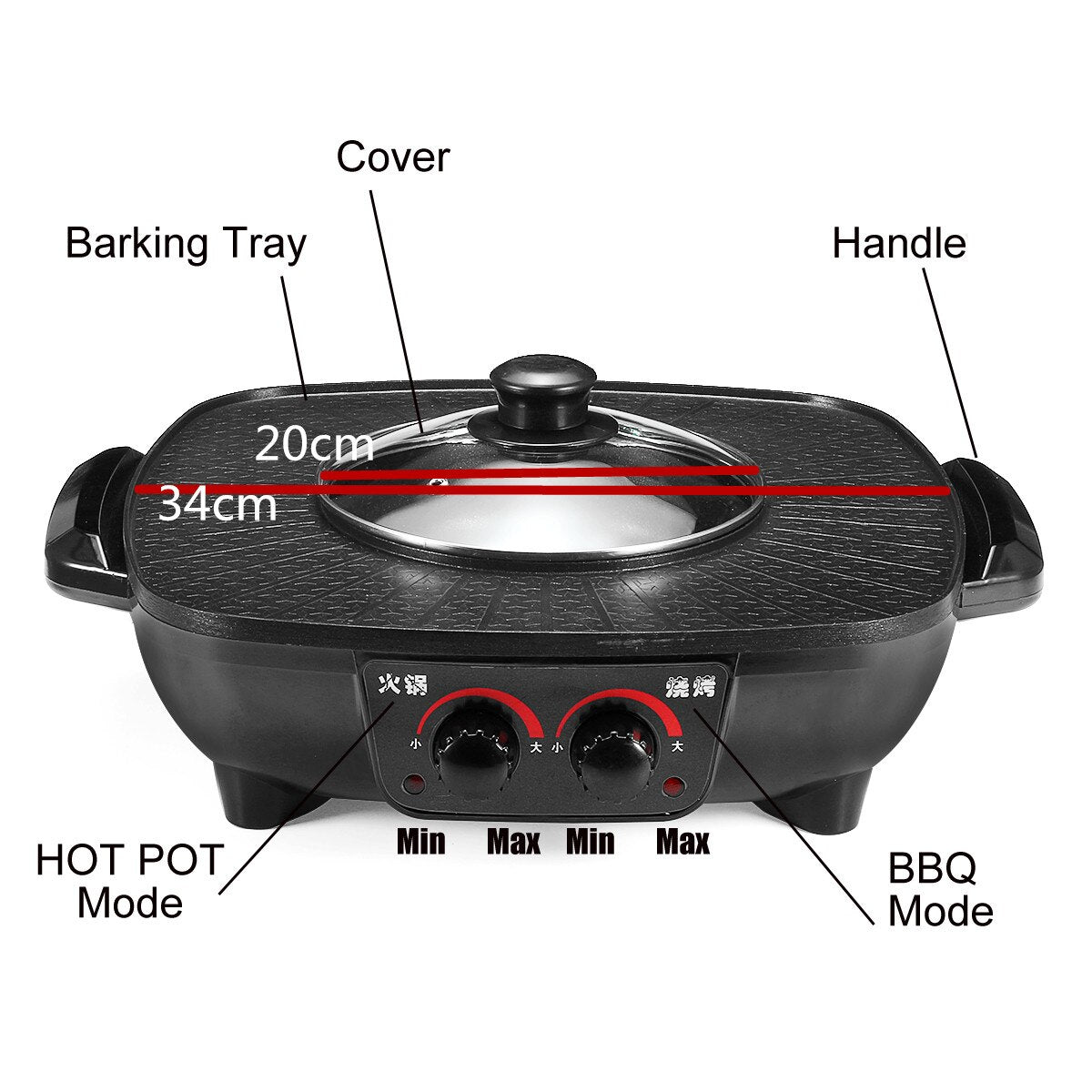 1600W 220V Electric Hot Pot Barbecue Grill Pan 2 in 1 Cookware Indoor Electric BBQ Machine Multi Cooker Non-Stick Baking Plate