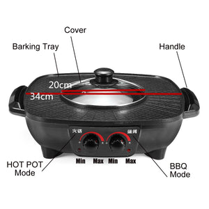 1600W 220V Electric Hot Pot Barbecue Grill Pan 2 in 1 Cookware Indoor Electric BBQ Machine Multi Cooker Non-Stick Baking Plate