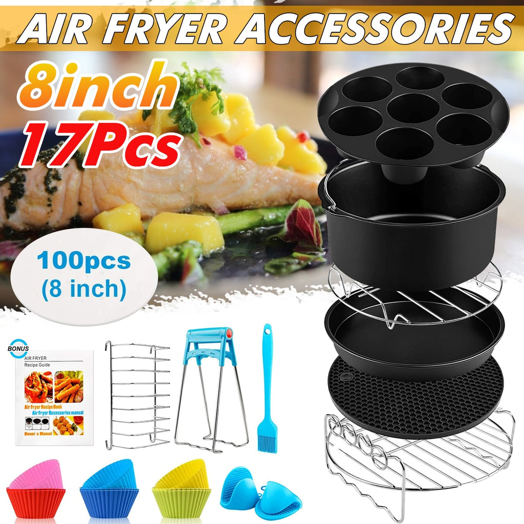 17x 8 Inch Air Fryer Accessories for Airfryers 4.2QT 5.3QT 5.5QT 5.8QT Baking Basket Pizza Plate Grill Pot Kitchen Cooking Tool