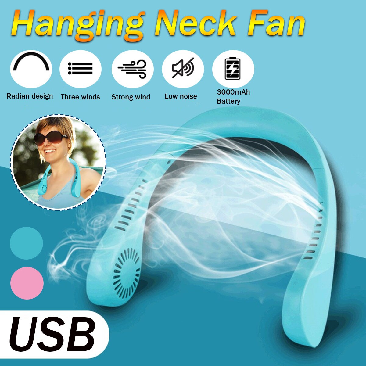 2020 mini USB Portable Fan Wearable Neck Fan with Rechargeable Battery Ultra Quiet Wind Handheld Air Cooler Conditioner 3 Speed