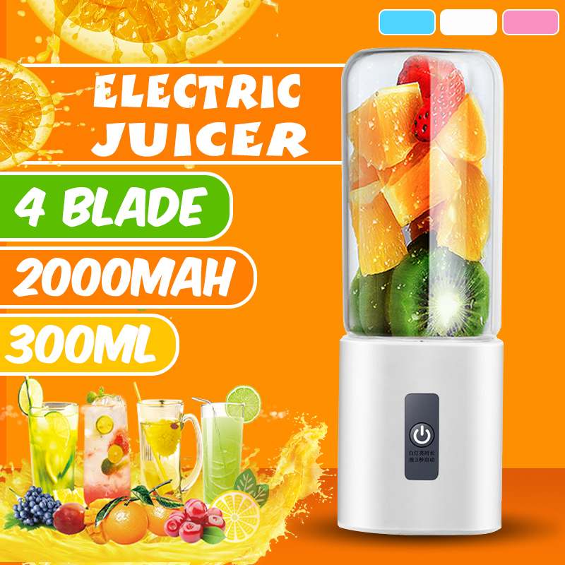 300ml 4 Blades Portable Electric Fruit Juicer Home USB Rechargeable Smoothie Maker Blenders Machine Sports Bottle Juicing Cup