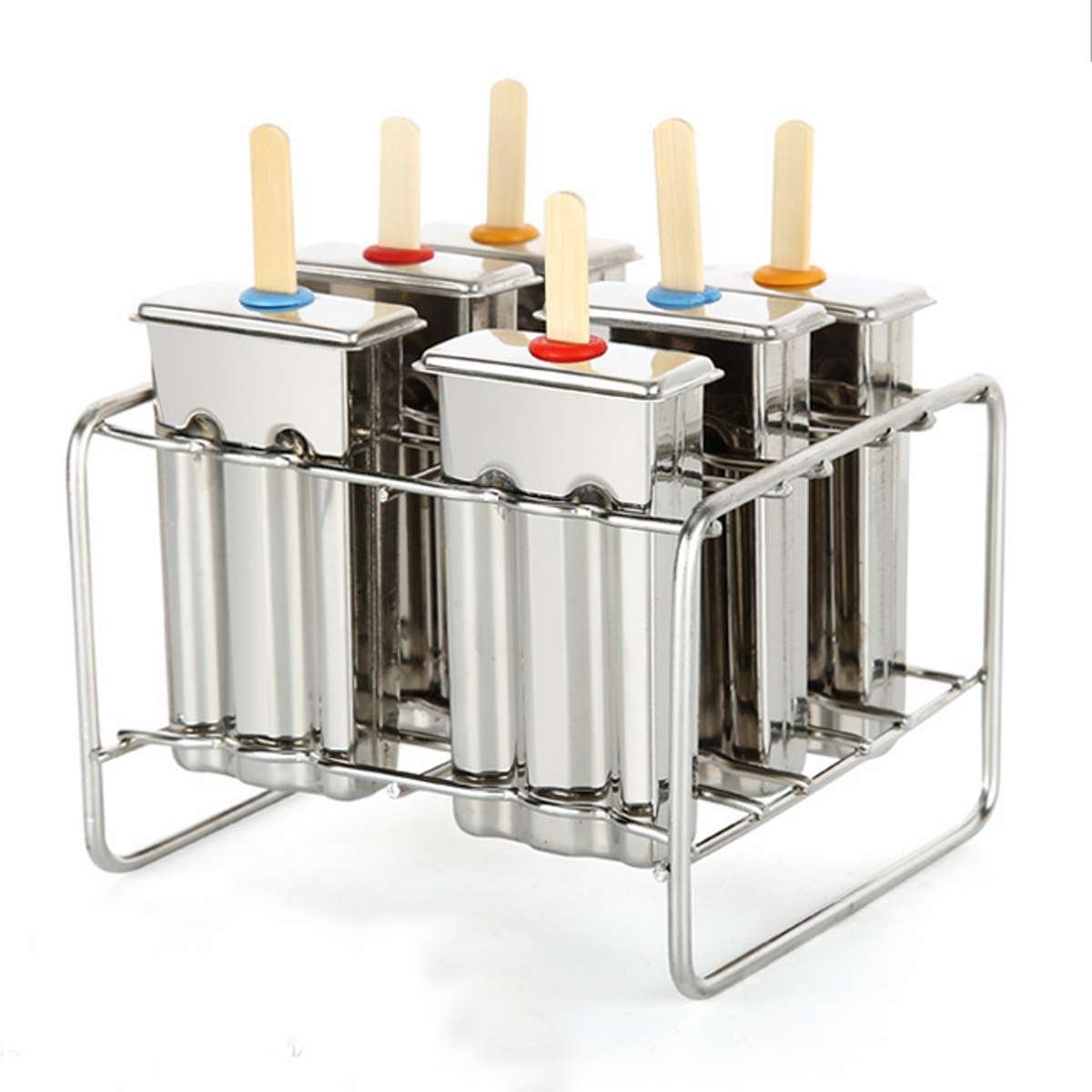 6 Mould Stainless Steel Molds Ice Lolly Popsicle Ice Cream Holder + 50Pcs Sticks Reusable DIY Ice Cream Makers Parts Kit Set