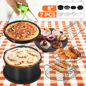 7Pcs Air Fryer Accessories 8 Inch Fit for Airfryer 5.2-5.8Q Baking Basket Pizza Plate Grill Pot Kitchen Cooking Tools for Party