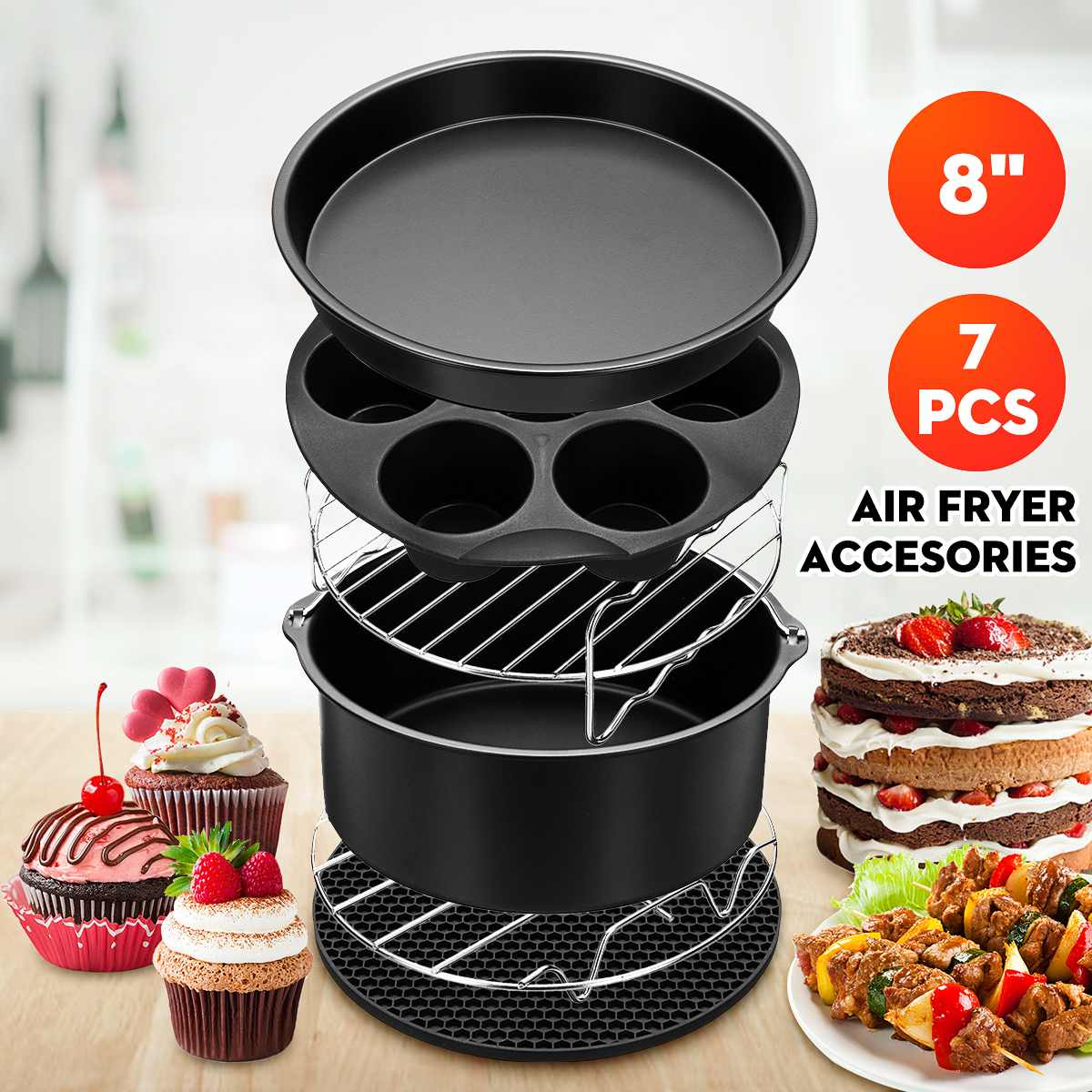 7Pcs Air Fryer Accessories 8 Inch Fit for Airfryer 5.2-5.8Q Baking Basket Pizza Plate Grill Pot Kitchen Cooking Tools for Party