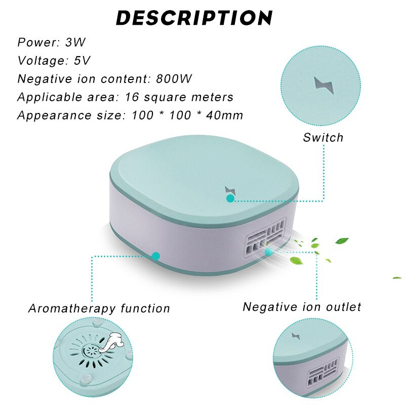 Home Car Negative Ions Air Purifier Rechargeable Fridge Purifier Portable Desktop Purifier Filtration With Aromatherapy Function